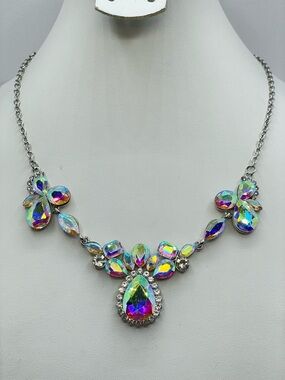 Silver Tone AB Crystal Statement Necklace Teardrop Rhinestone Bib